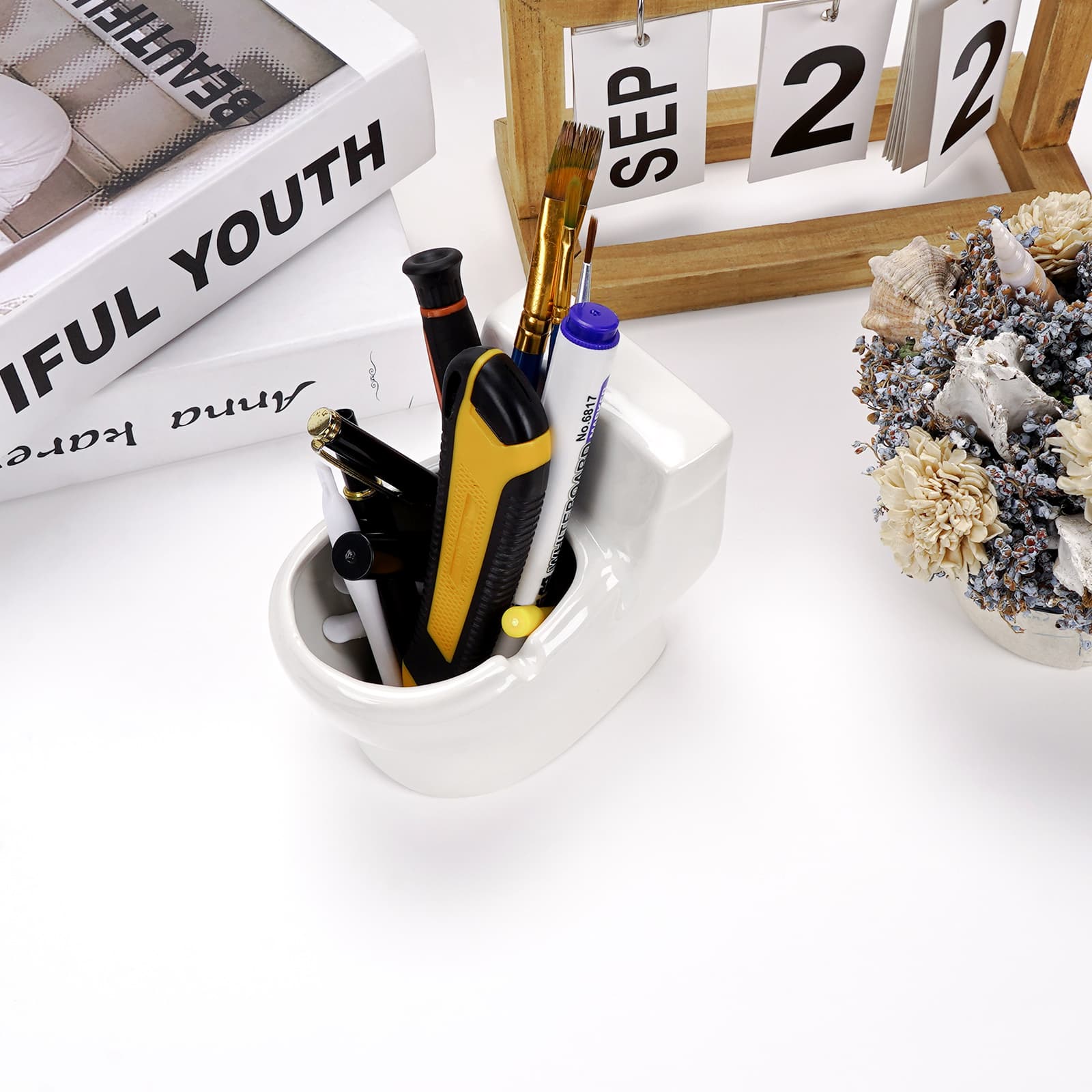 JANKOW Ceramic Toilet Shaped Pen Holder - Funny and Functional Desk Organizer (1 PCS White) - 5
