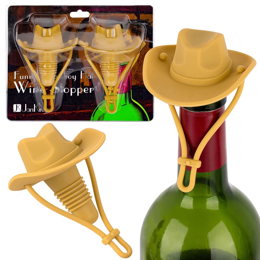 JANKOW Cowboy Hat Silicone Wine Stopper, Funny Hat Shaped Wine Stoppers, Cute Kitchen Gadgets Gifts for Wine Lover (2 Pack/Wheat color)