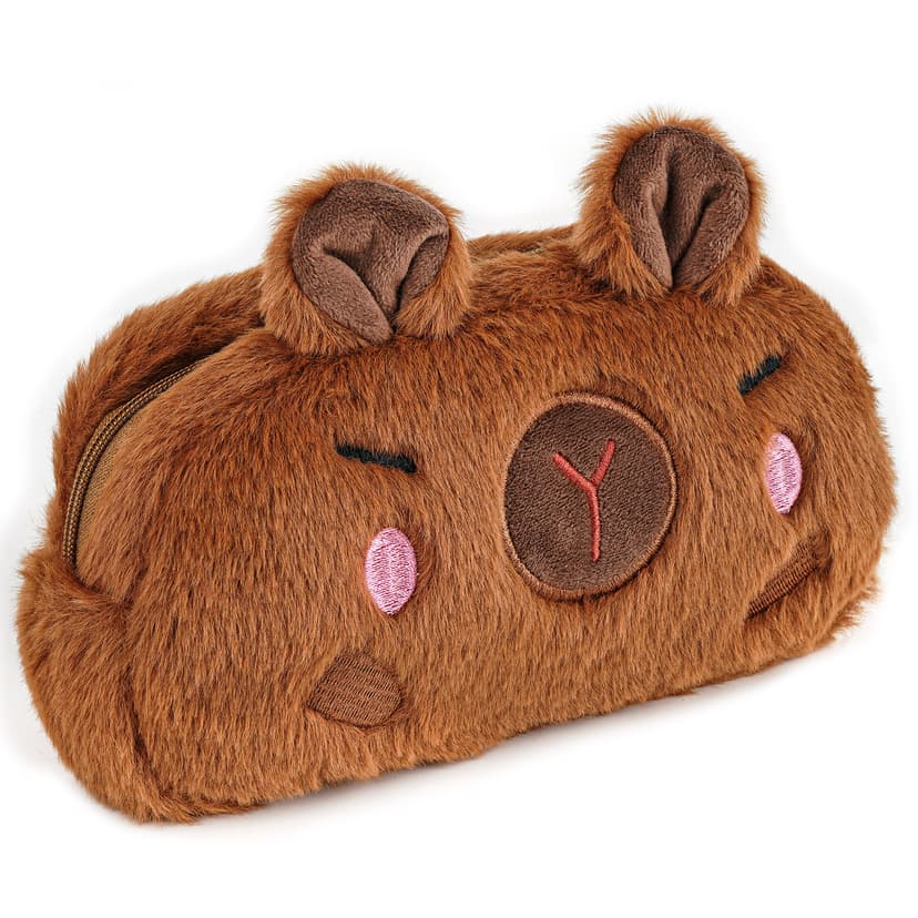 JANKOW Cute Capybara Plush Pencil Case with Blushing Cheeks, Brown Furry Zipper Pen Pouch, Kawaii Stationery Bag for Office, Large Capacity, 1-Pack