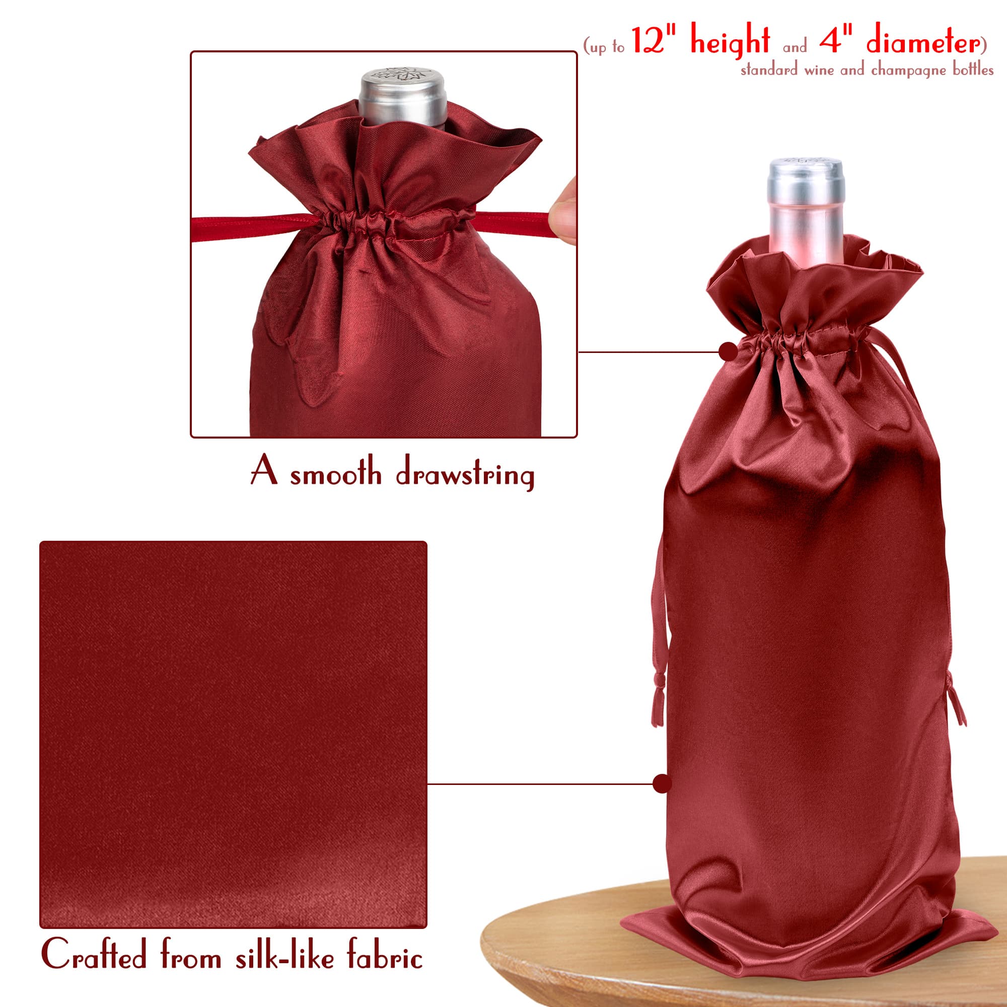 JANKINGS Wine Bottle Gift Bag, Reusable Silk Wine Gift Bags with Drawstrings, Champagne Bags Carrier for Birthday, Wedding, Party (12Pcs Red) - 2
