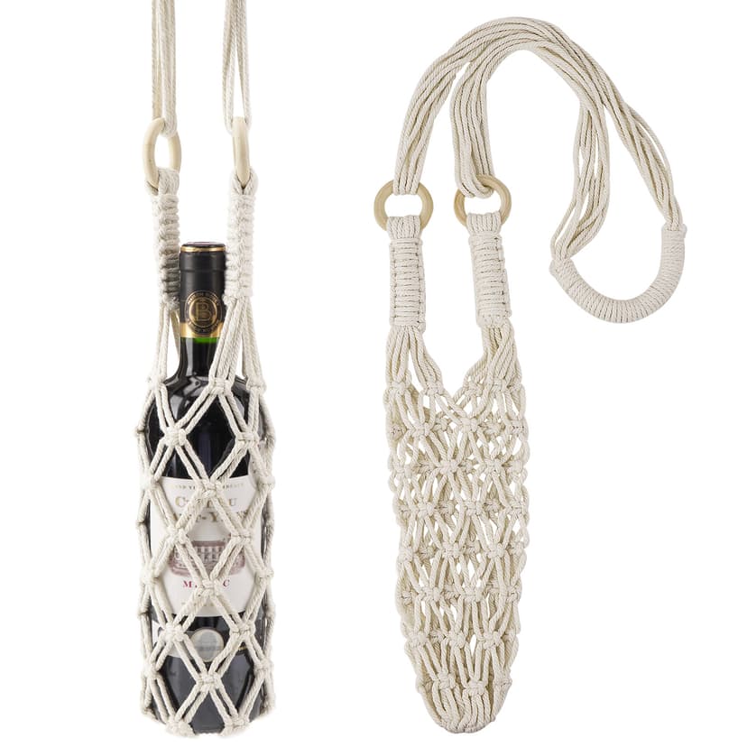 JANKOW Hand-Woven Wine Bottle Carrier, Bohemian wine hanging bag, Water Bottle Strap Crochet Bottle Bag for Wine or Water Bottle Carry.