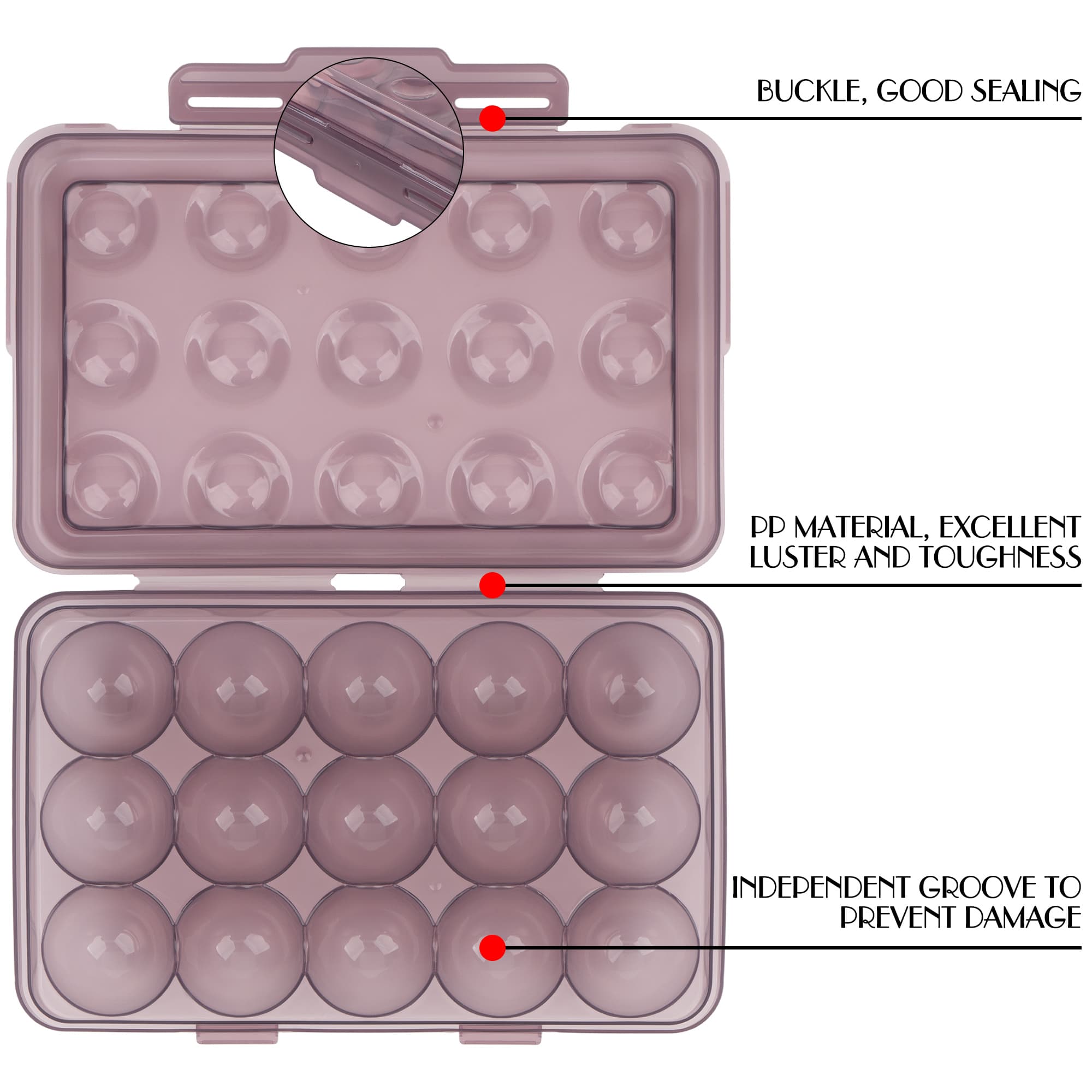 JANKINGS Portable Stackable Egg Storage Box, 2-Pack 15-Count Egg Holders with Lids for Refrigerator, Travel & Camping, Purple PP Egg Tray Organizer - 2