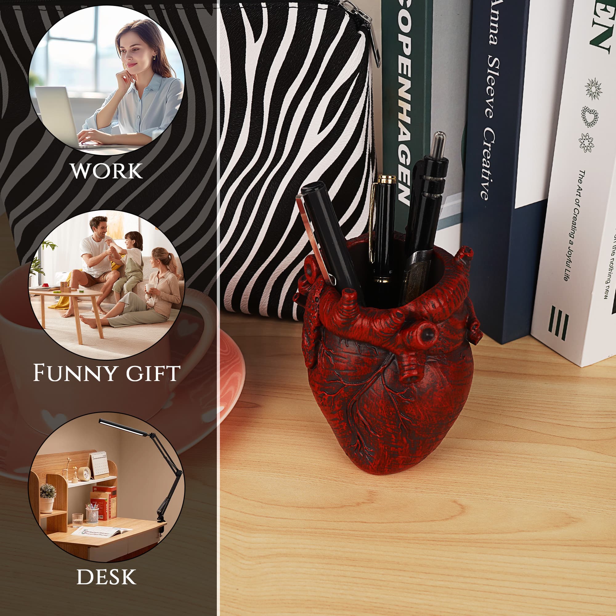 JANKOW Anatomical Heart Pencil Holder, Red Resin Organ-Shaped Pen Cup Desk Organizer, Realistic Human Heart Decor, Stable Base - 6