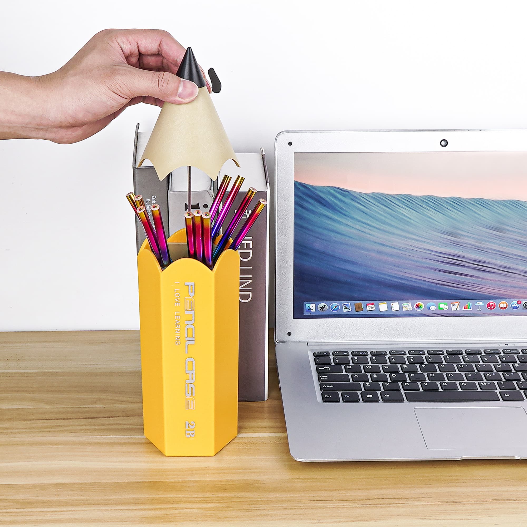JANKOW Pencil-Shaped Pen Holder, Double-Layer Desk Organizer, Plastic Desktop Pencil Cup, Yellow, 1-Pack - 4