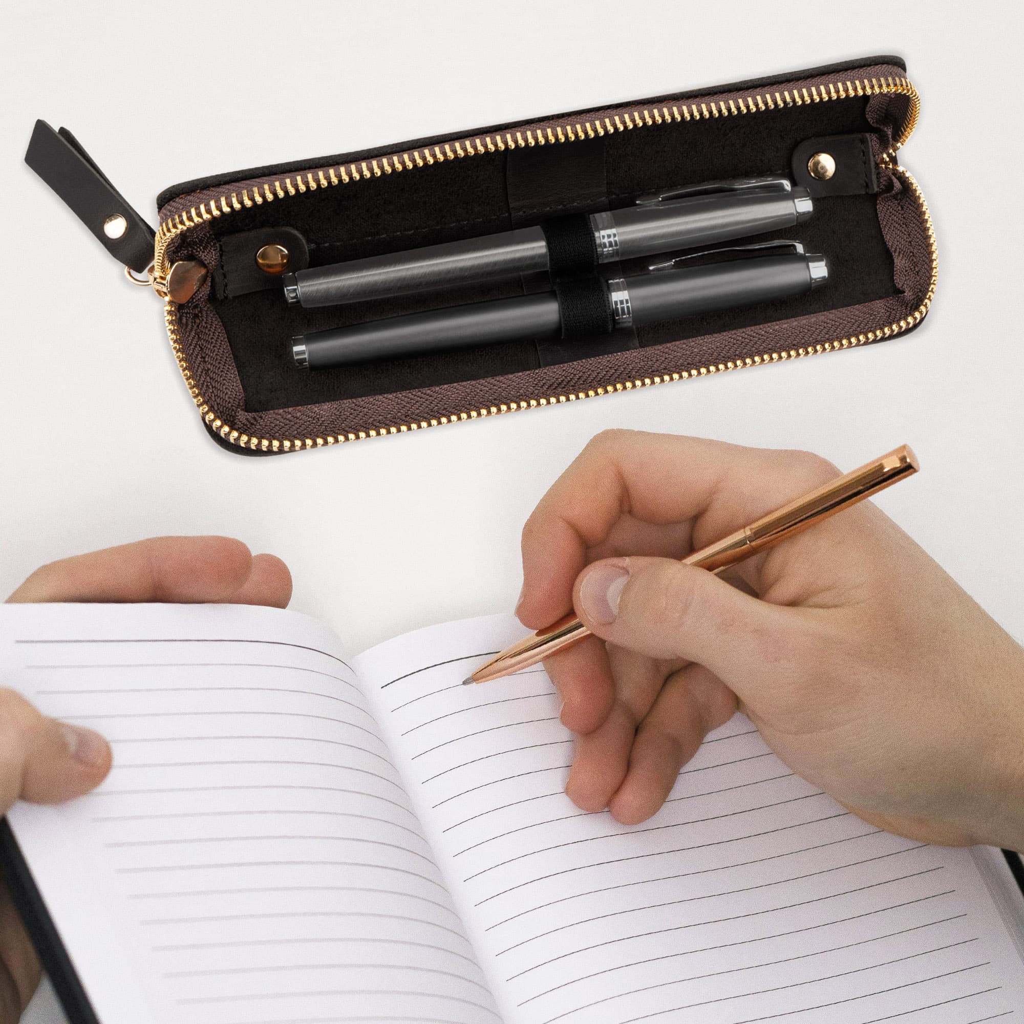 JANKINGS Genuine Leather Pen Case with Dual Elastic Loops - Vintage Fountain Pen Pouch with Metal Zipper - 2-Slot - 4