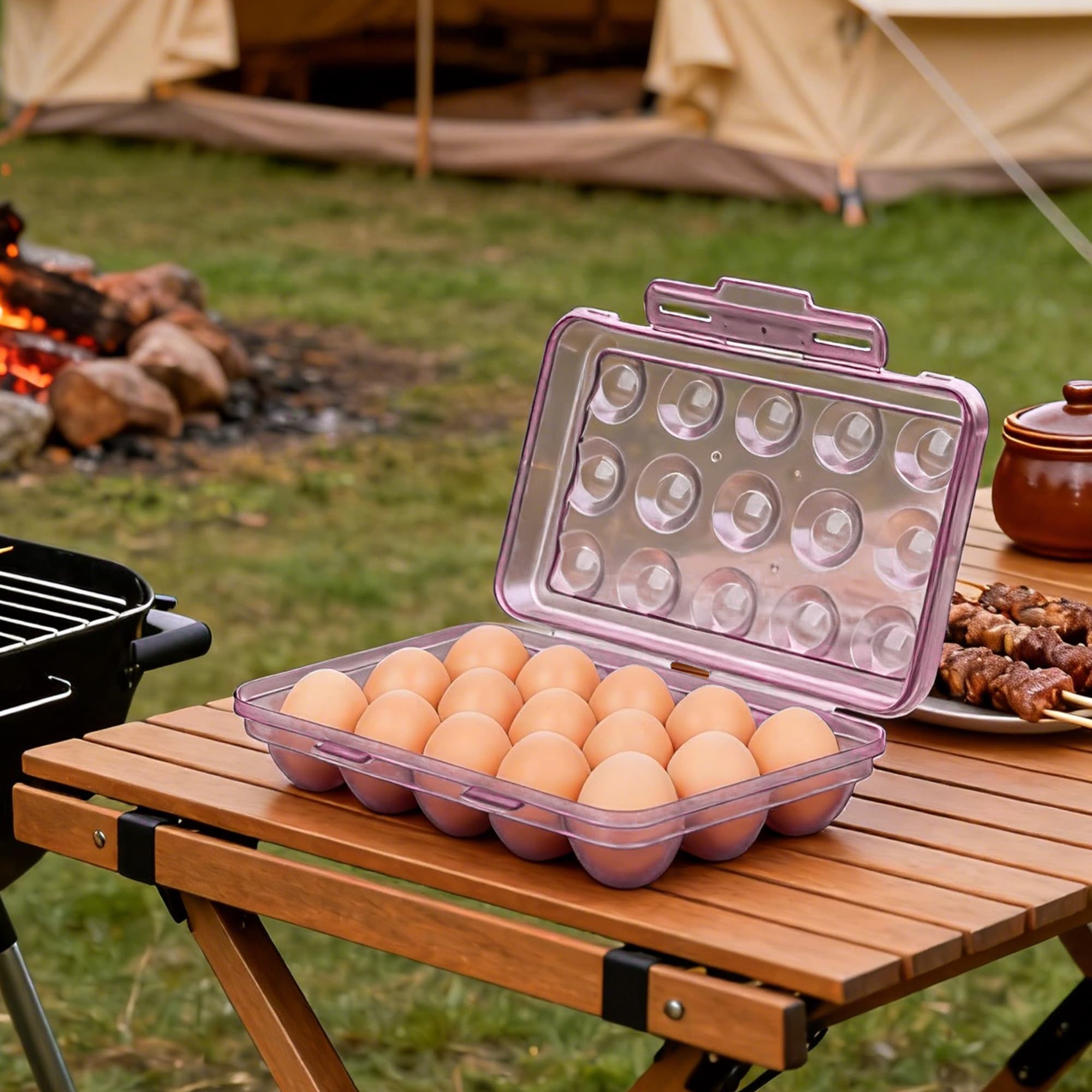 JANKINGS Portable Stackable Egg Storage Box, 2-Pack 15-Count Egg Holders with Lids for Refrigerator, Travel & Camping, Purple PP Egg Tray Organizer - 5