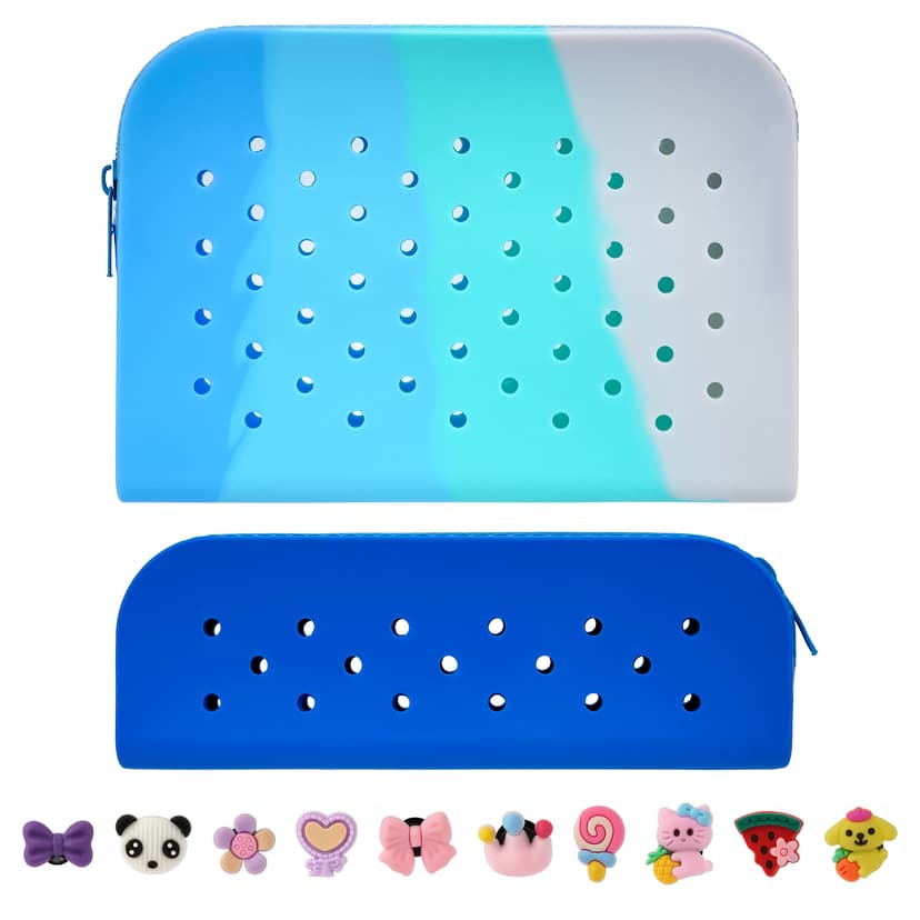 JANKOW 2 Pcs Zipper Pencil Pouch Portable Pencil Bag, DIY Personality Cute Pencil Case Silicone, Blue Pen Bag with 10 Pcs Button Accessories, Suitable for Offices (Blue)