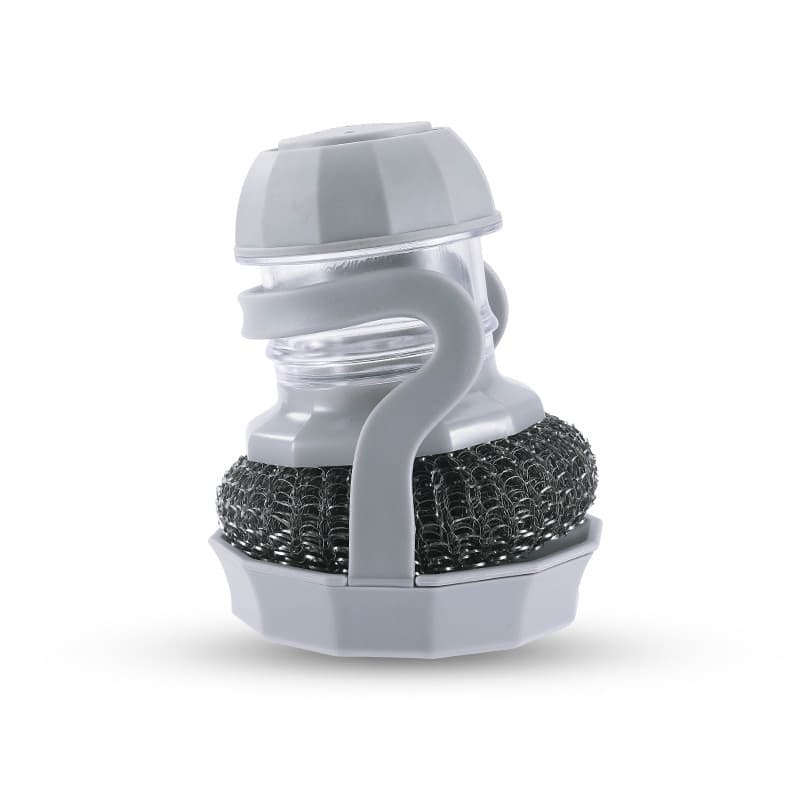 JANKOW Soap Dispensing Steel Wool Dish Brush, Palm Scrubber with Refillable Handle for Pots, Pans & Cast Iron, Grey, 1-Pack