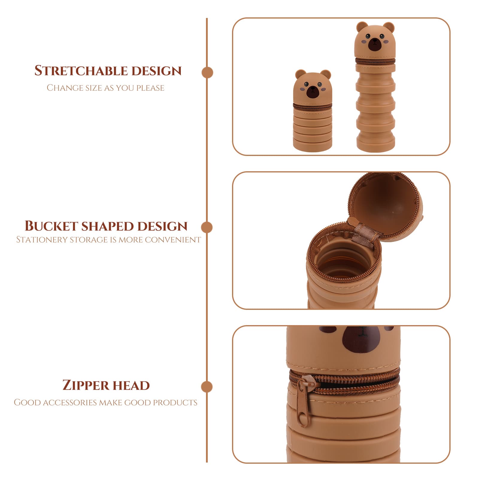 JANKOW Cartoon Silicone Foldable Pen Holder Bear Shape Cute Expandable Pencil Case, Creative Stationery Organizer Flexible Pen Holder (Brown) - 2
