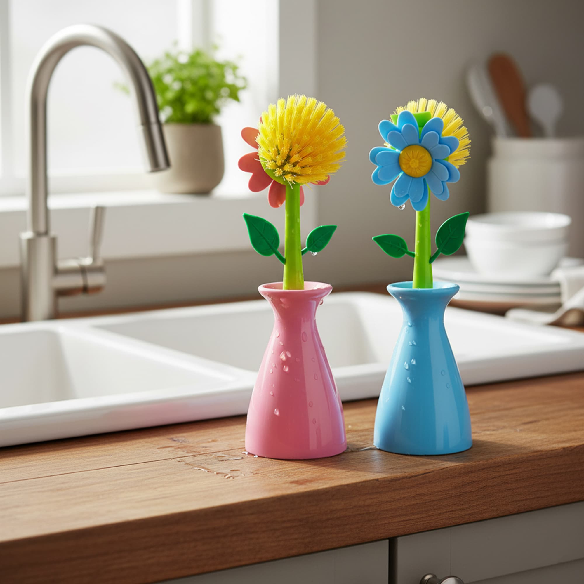 JANKOW Flower Dish Brush Set, 2-Pack (Blue & Pink), PP+TPR Kitchen Scrub Brushes with Upright Vase Holders, Non-Scratch Bristles for Dishes, Pots, Pans & Produce - 6