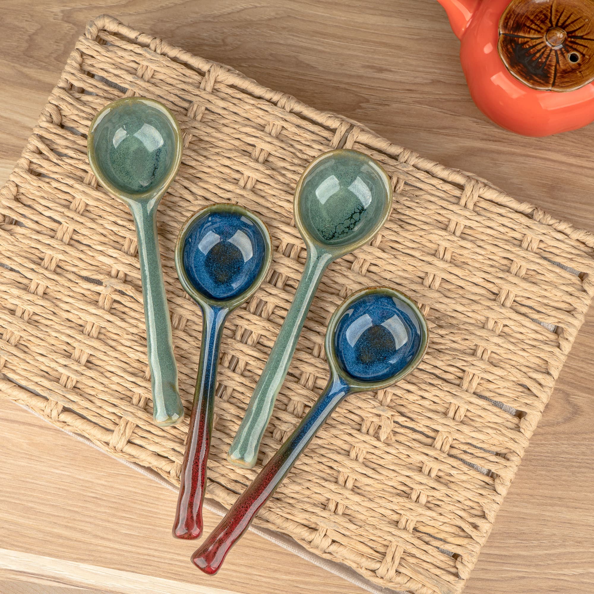 JANKOW 4 Pack Japanese Ceramic Soup Spoons - Hand-Painted Retro Porcelain Spoons with Long Handle - Asian Soup Spoon Set - 3