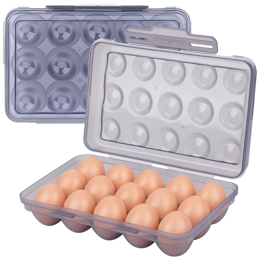 JANKINGS Portable Stackable Egg Storage Box, 2-Pack 15-Count Egg Holders with Lids for Refrigerator, Travel & Camping, Blue PP Egg Tray Organizer