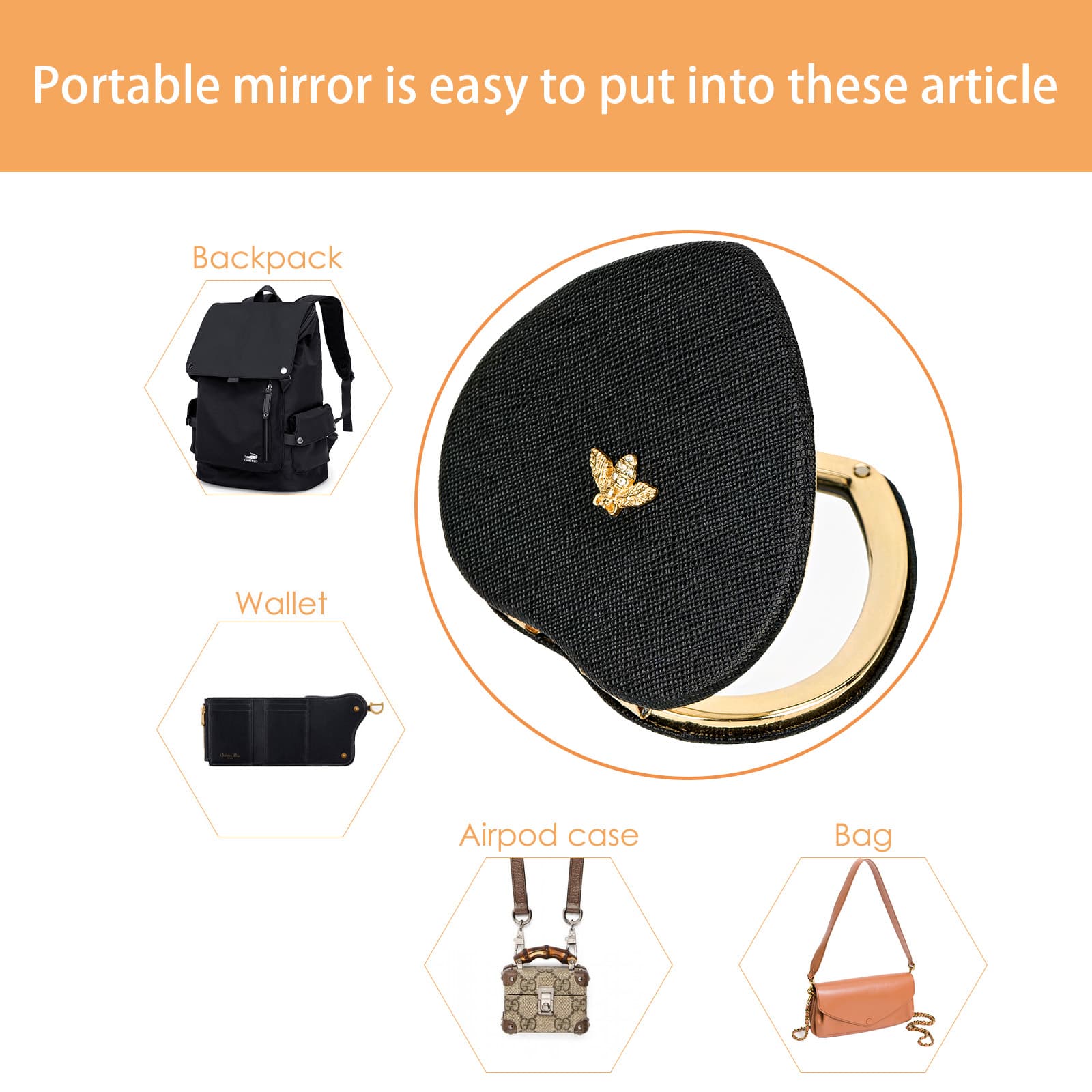 CAIRIAC Compact Mirrors, Leather Folding Travel Mirrors, Bee Double Sided Handheld Mirrors, Portable Heart Shaped Makeup Mirrors Gift for Girls Women Mothers - 2