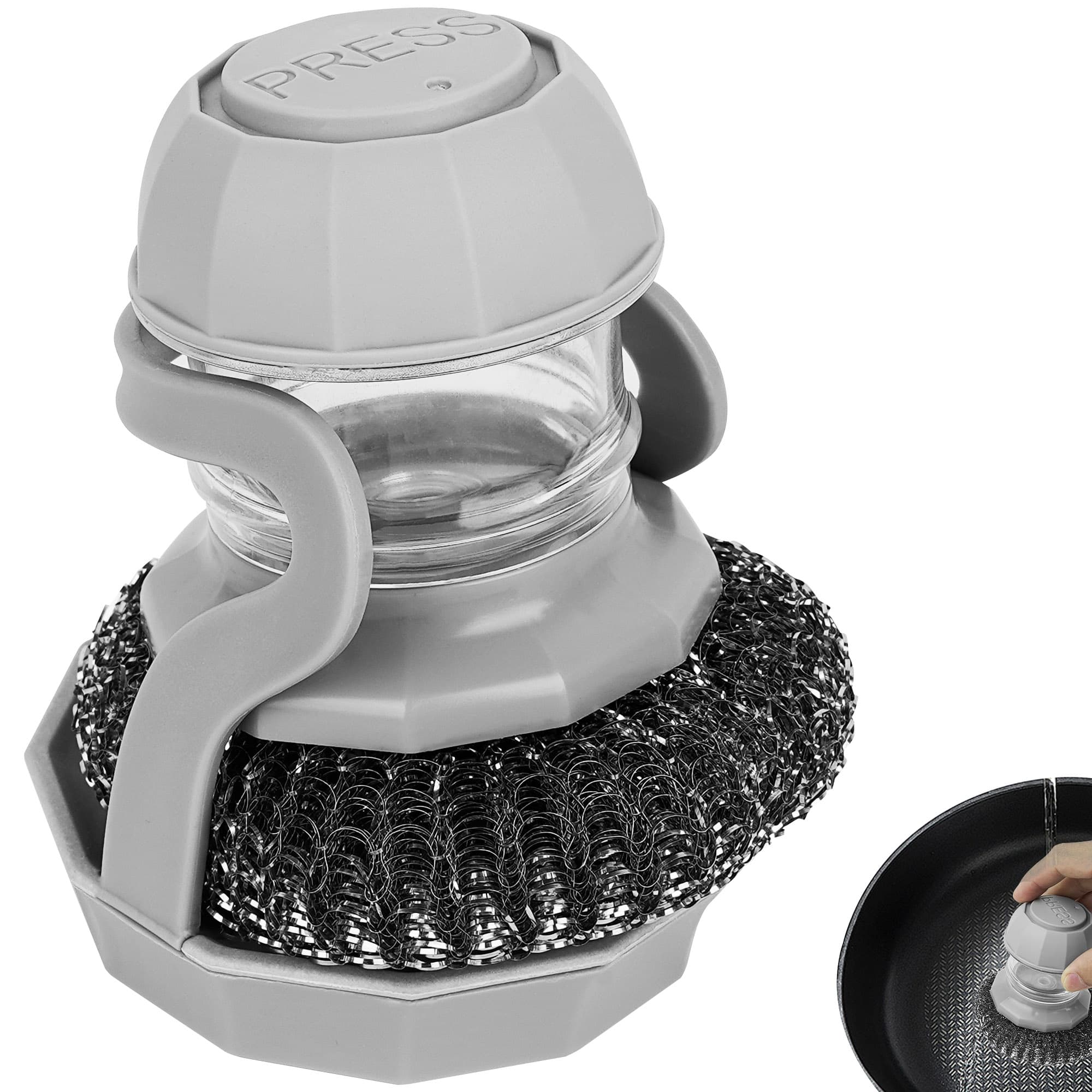 JANKOW Soap Dispensing Steel Wool Dish Brush, Palm Scrubber with Refillable Handle for Pots, Pans & Cast Iron, Grey, 1-Pack - 1