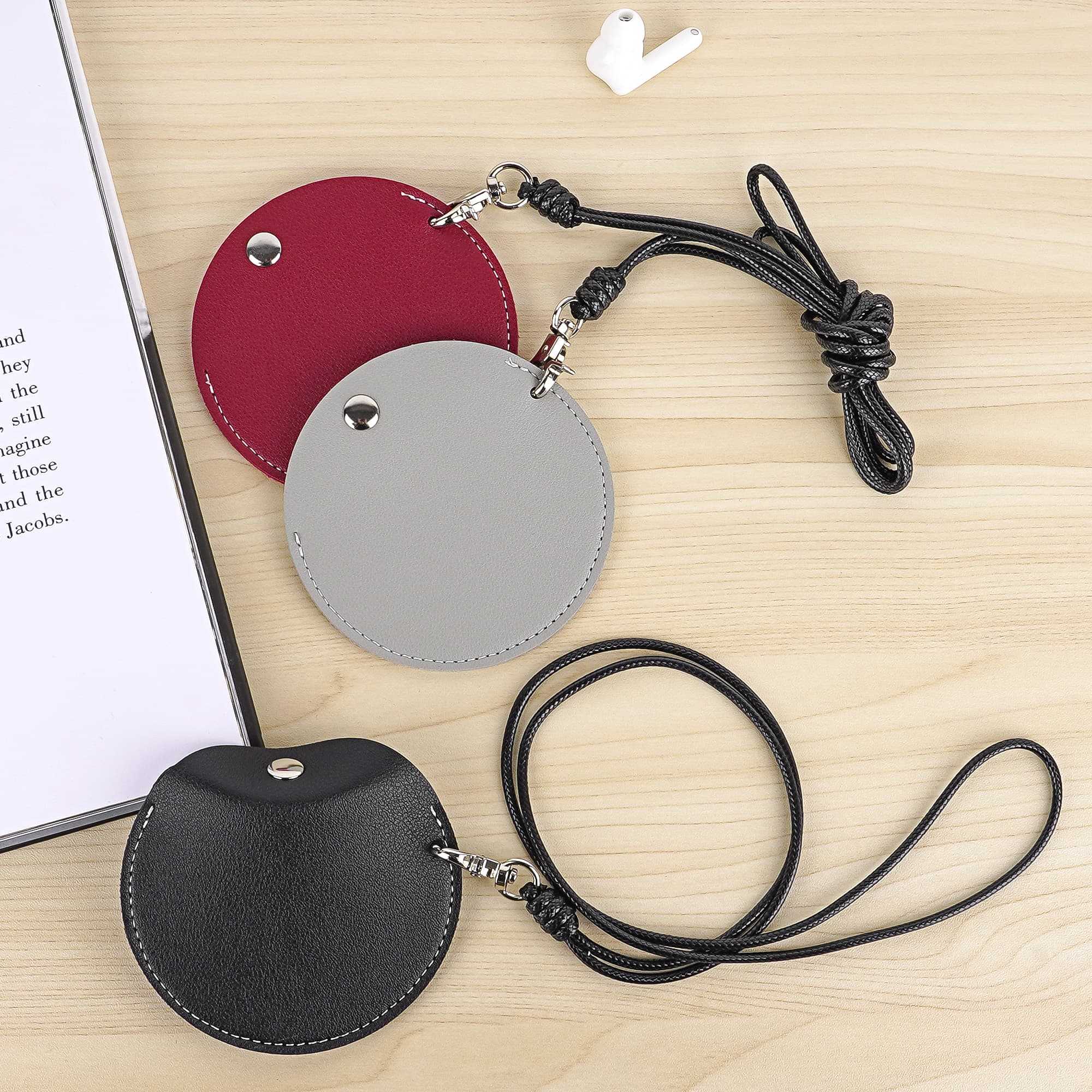 JANKOW 3-Pack Earbud Carrying Pouches with Lanyard, PU Leather Mini Storage Bags for AirPods & Bluetooth Earphones, Universal Protective Cases for Earbuds, Coins & Small Accessories, Black/Red/Gray - 3