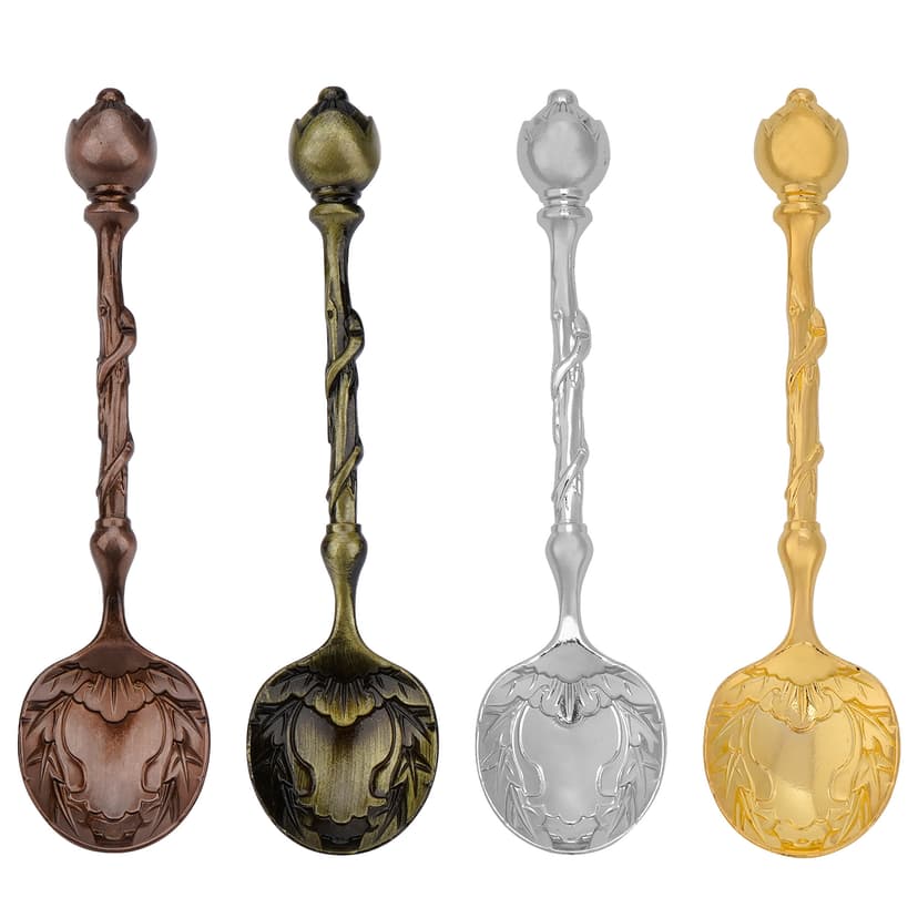 JANKOW Vintage Carved Mini Spoons, 4-Pack Multicolor Zinc Alloy Coffee & Dessert Teaspoons with Scepter Handle, Ornate Baroque Style for Cake, Tea, Espresso