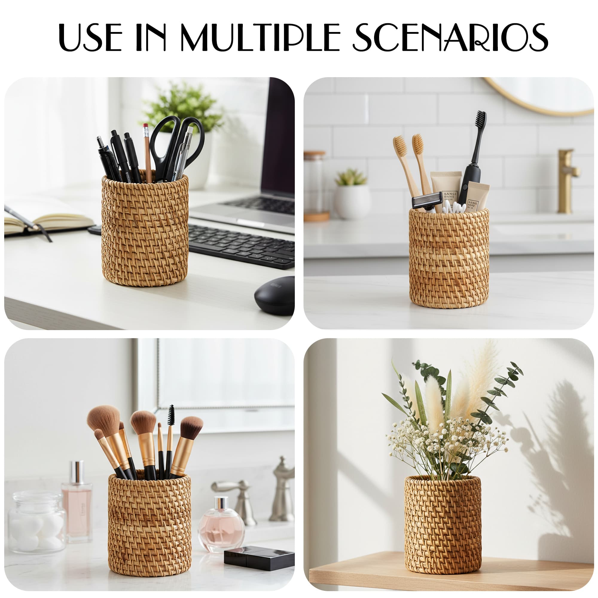 JANKOW Wicker Rattan Pencil Holder, Cylindrical Desk Organizer Cup, Natural Brown, for Office, Vanity, Kitchen, 1-Pack - 3