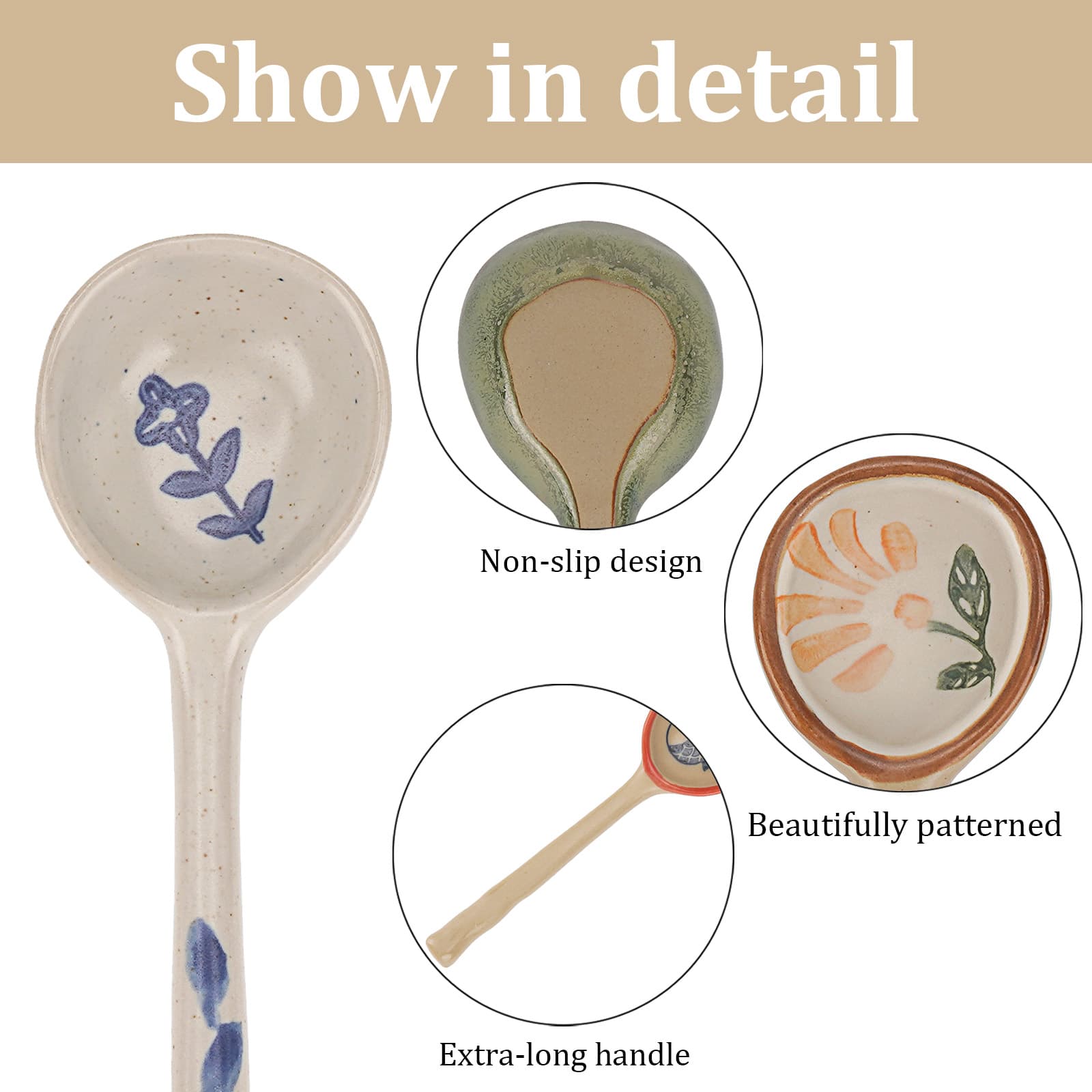 JANKOW 4 Pack Japanese Ceramic Soup Spoons, Long Handle Japanese Round Soup Spoon, Hand-Painted Porcelain Soup Spoons for Ramen Wonton Noodles Miso Dumplings - 2