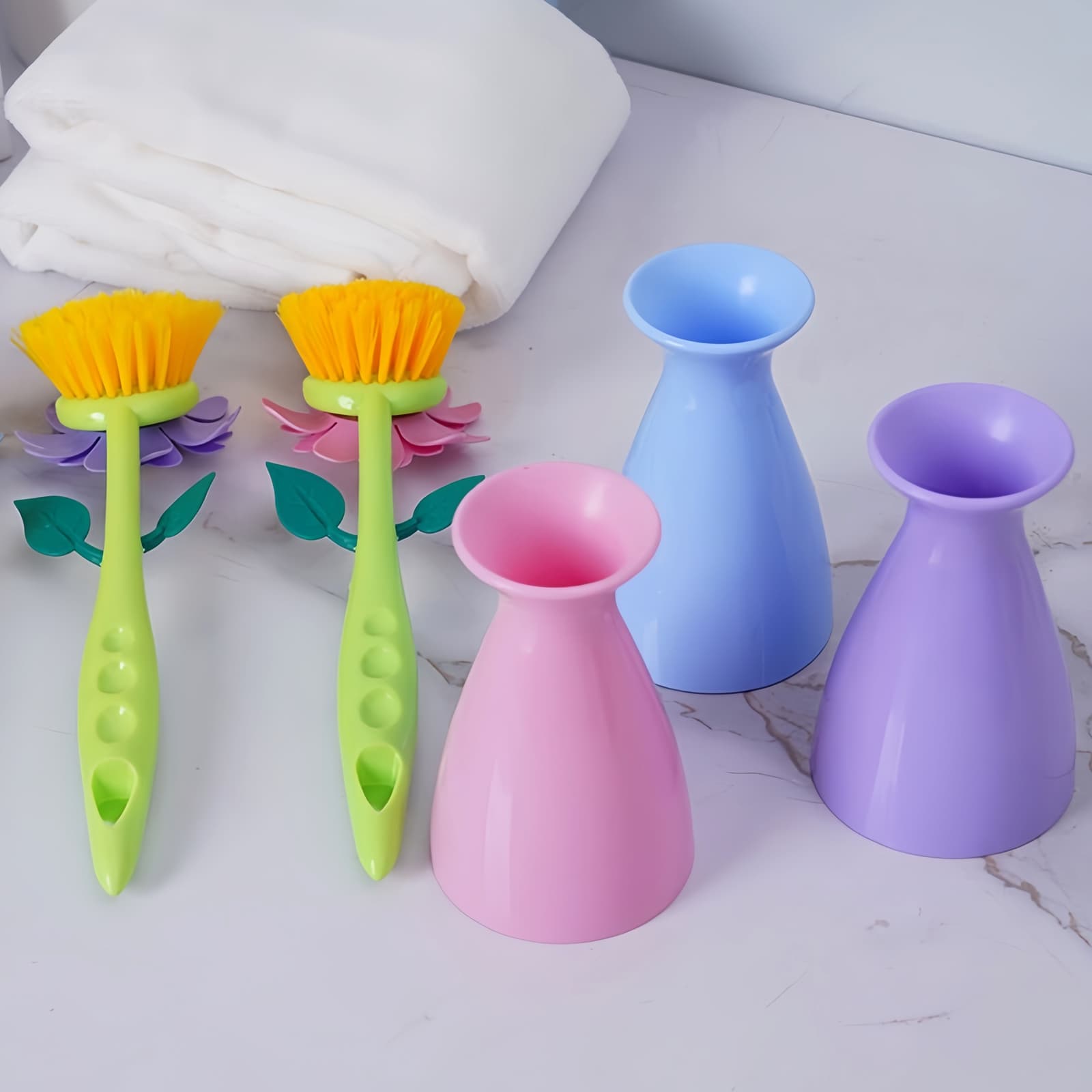 JANKOW Long Handle Flower Pot Brush, Florganic Dish Brush with Vase, Long Handle Dish Brush Kitchen, for Cleaning Pot Pan Sink Kitchen Supplies Decorative Vase (2 Pcs) (Purple/Pink) - 3