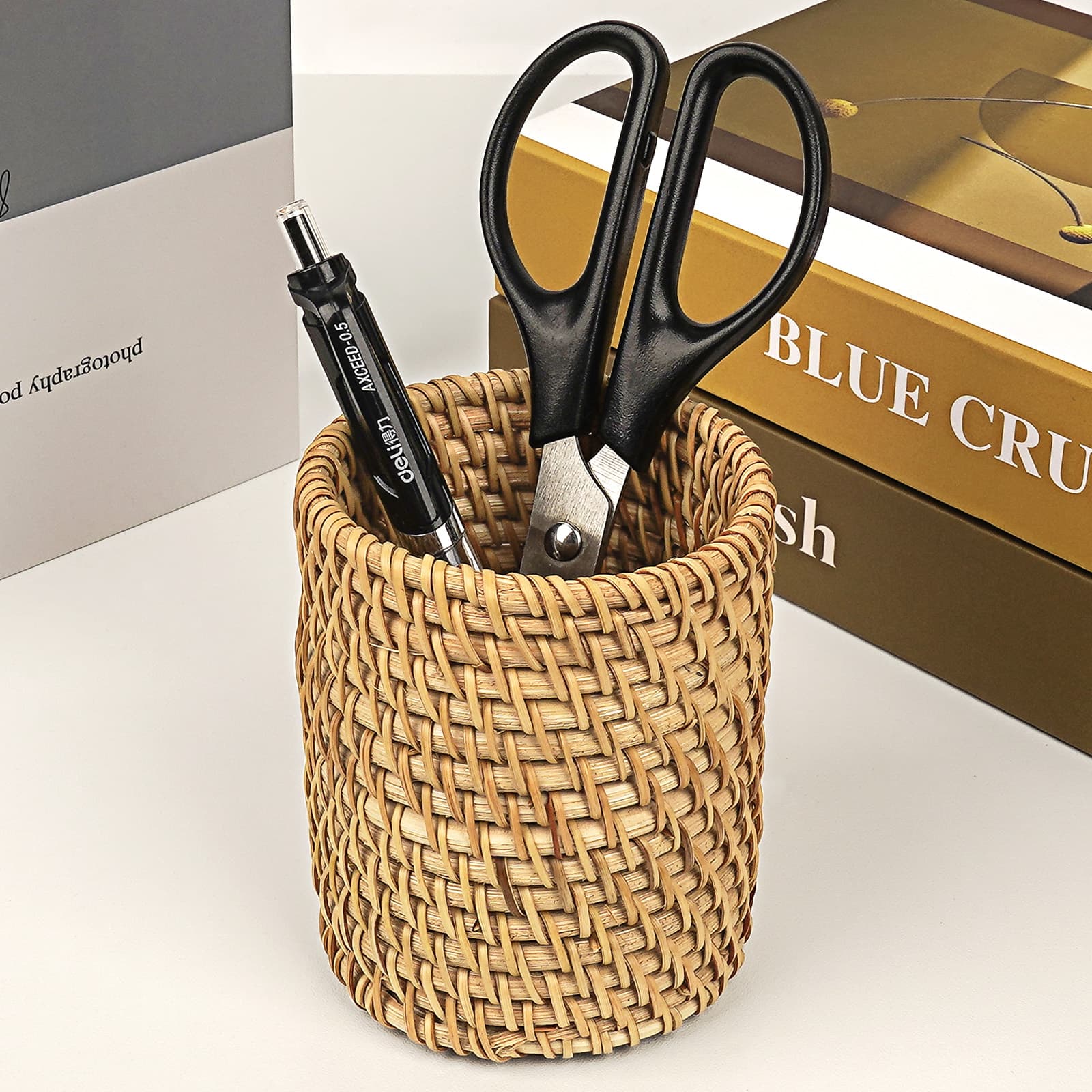 JANKOW Wicker Rattan Pencil Holder, Cylindrical Desk Organizer Cup, Natural Brown, for Office, Vanity, Kitchen, 1-Pack - 2