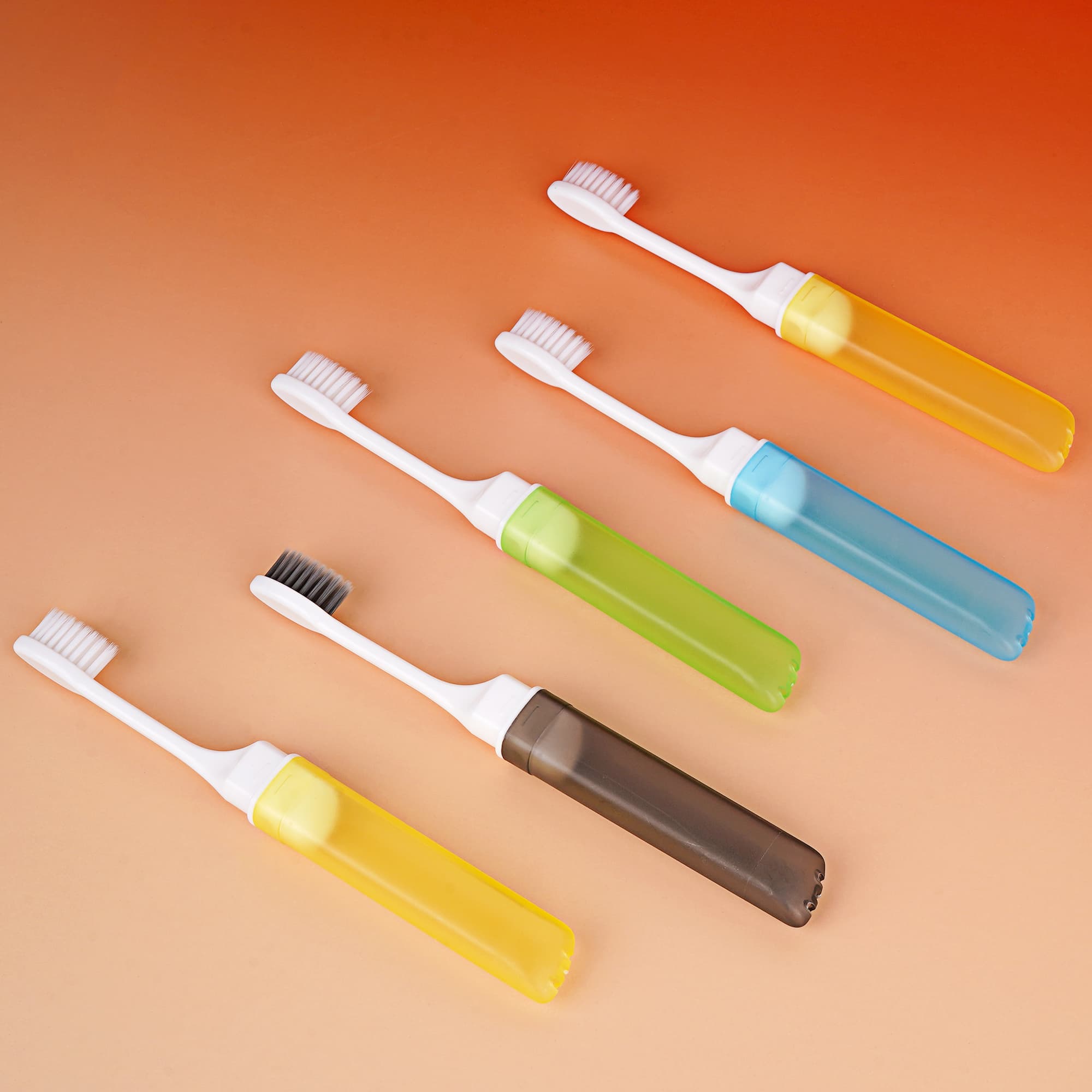 JANKOW Portable Folding Disposable Toothbrush, 5-Pack Travel Toothbrushes with Hygienic Caps, Plastic, Blue/Green/Black/Yellow/Pink – Compact for Travel, Office, Gym, Camping - 7