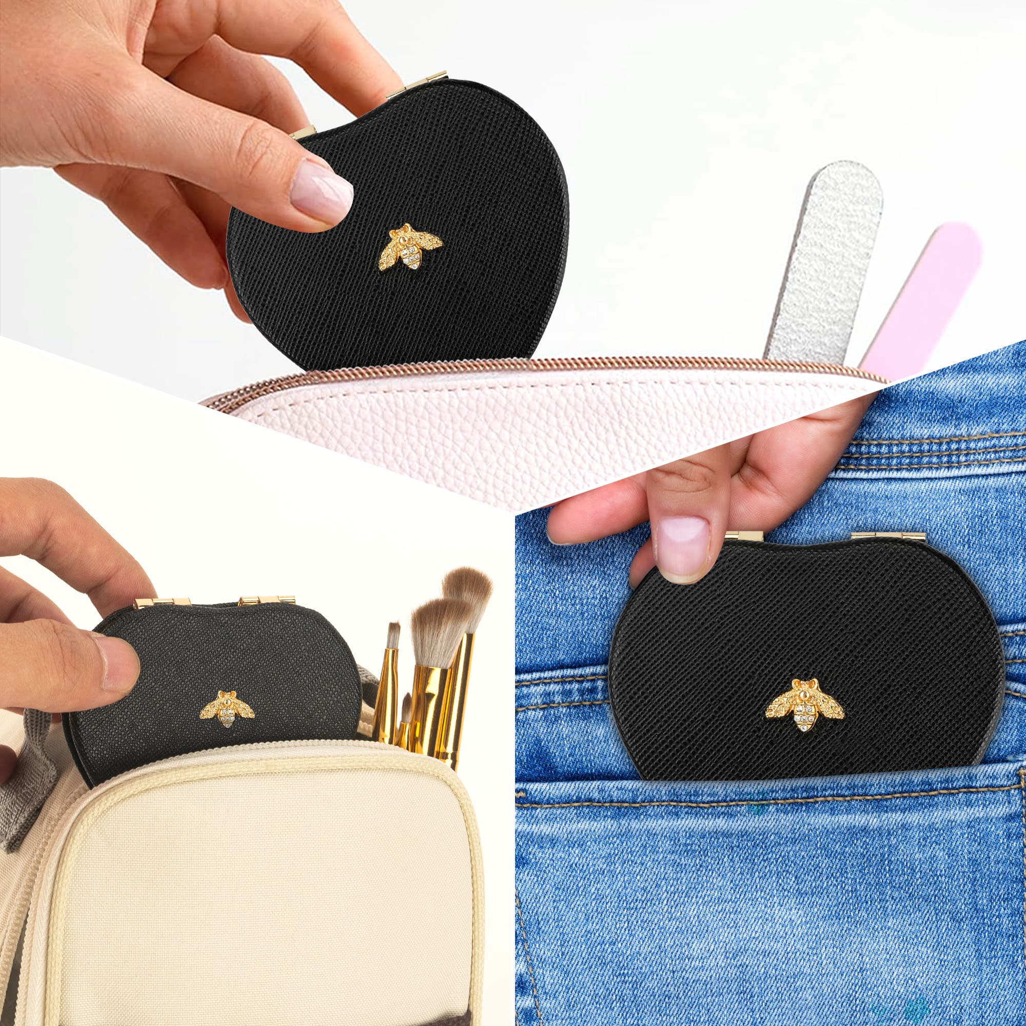 CAIRIAC Compact Mirrors, Leather Folding Travel Mirrors, Bee Double Sided Handheld Mirrors, Portable Heart Shaped Makeup Mirrors Gift for Girls Women Mothers - 4