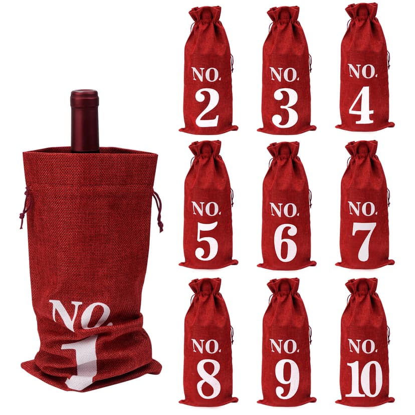 JANKOW 10 Pcs Numbered Burlap Wine Bags, Blind Tasting Wine Bags, Wine Gift Bag with Drawstring, Reusable Linen Wine Bottle Covers for Home Storage Wedding Party Decoration (Wine Red)