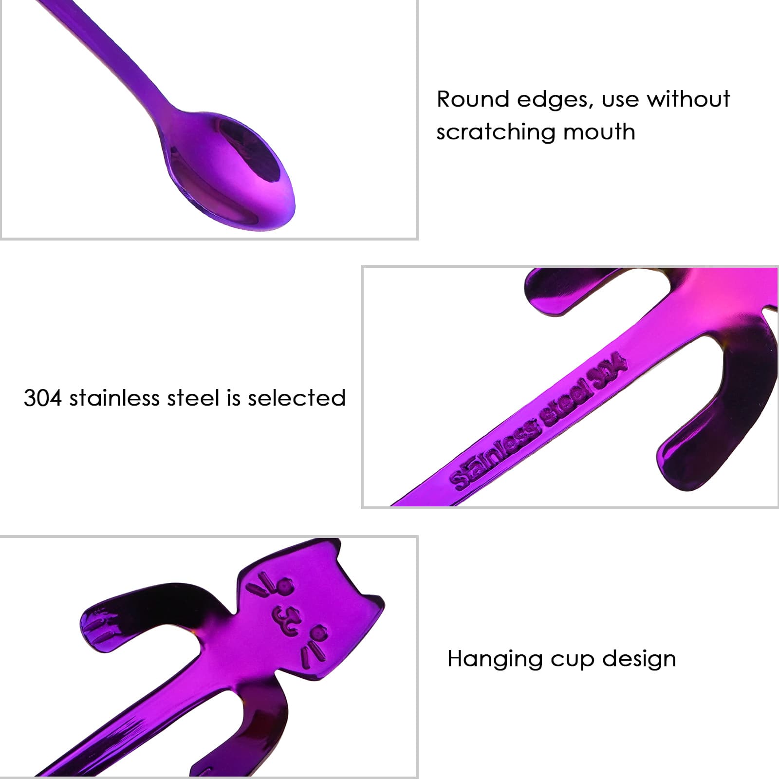 JANKOW 4PCs Cat Spoon Coffee Teaspoon, Stainless Steel Hanging Cup Tea Spoon, Dessert Scoop for Stirring Drink, Mixing Milkshake Jam, Set of 4 (Purple) for Tea, Coffee, Dessert, Sugar, Ice Cream - 1