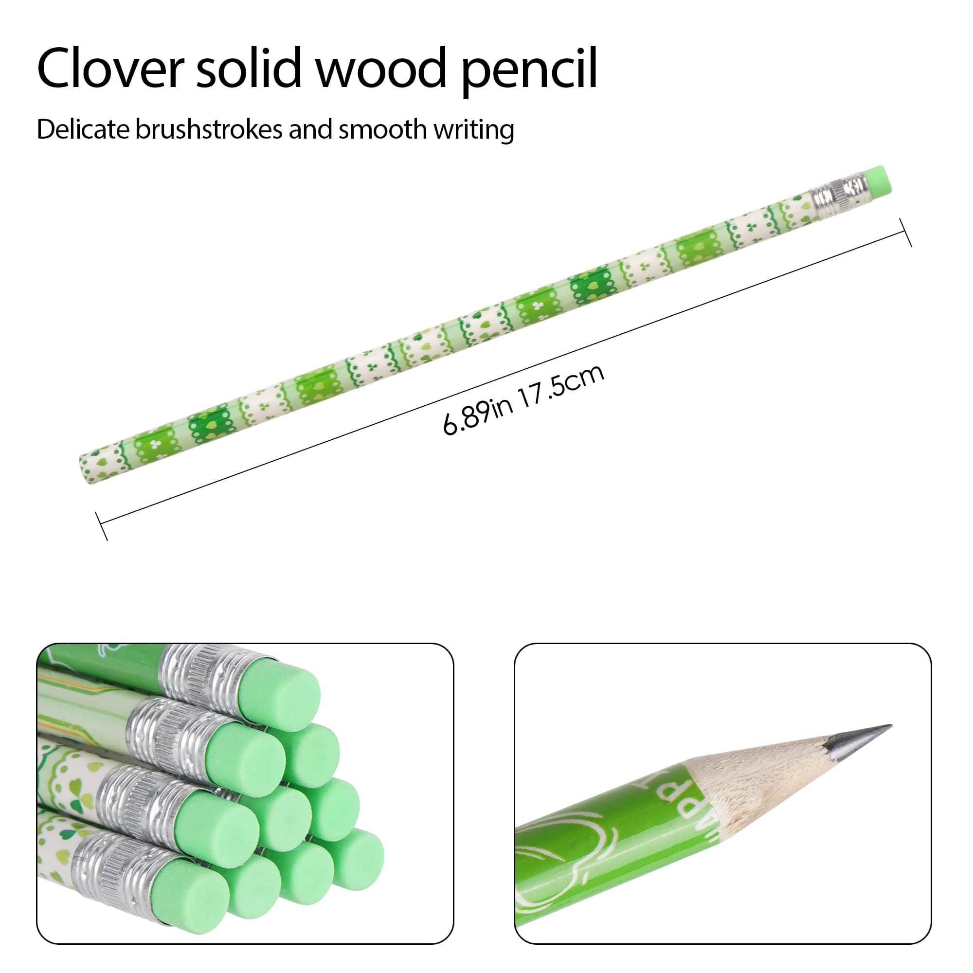 JANKOW 36 Pcs St. Patrick's Day Pencils Bulk - 6 Assorted Shamrock Patterns - HB Graphite Wood Pencils with Eraser for Classroom Rewards, Goodie Bag Fillers, Green Party Supplies - 1