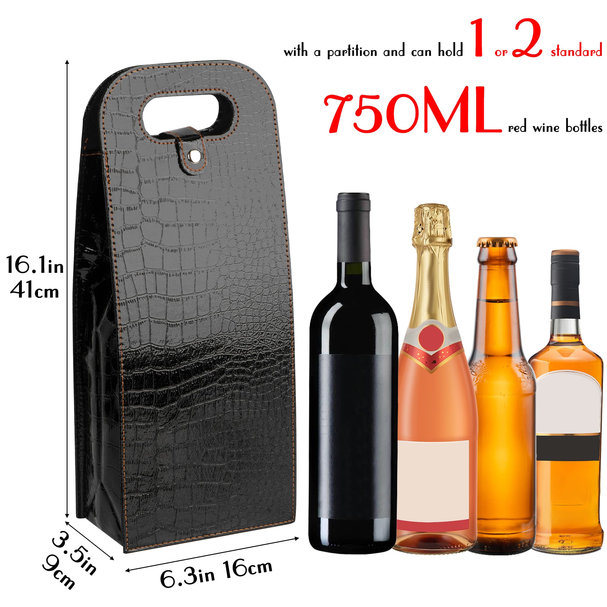 JANKINGS Double Wine Gift Bag, 2Pcs Reusable Leather Wine Tote Carrier, Champagne Gift Bags Carrier for Birthday, Wedding, Party (1 Red+1 Black) - 1
