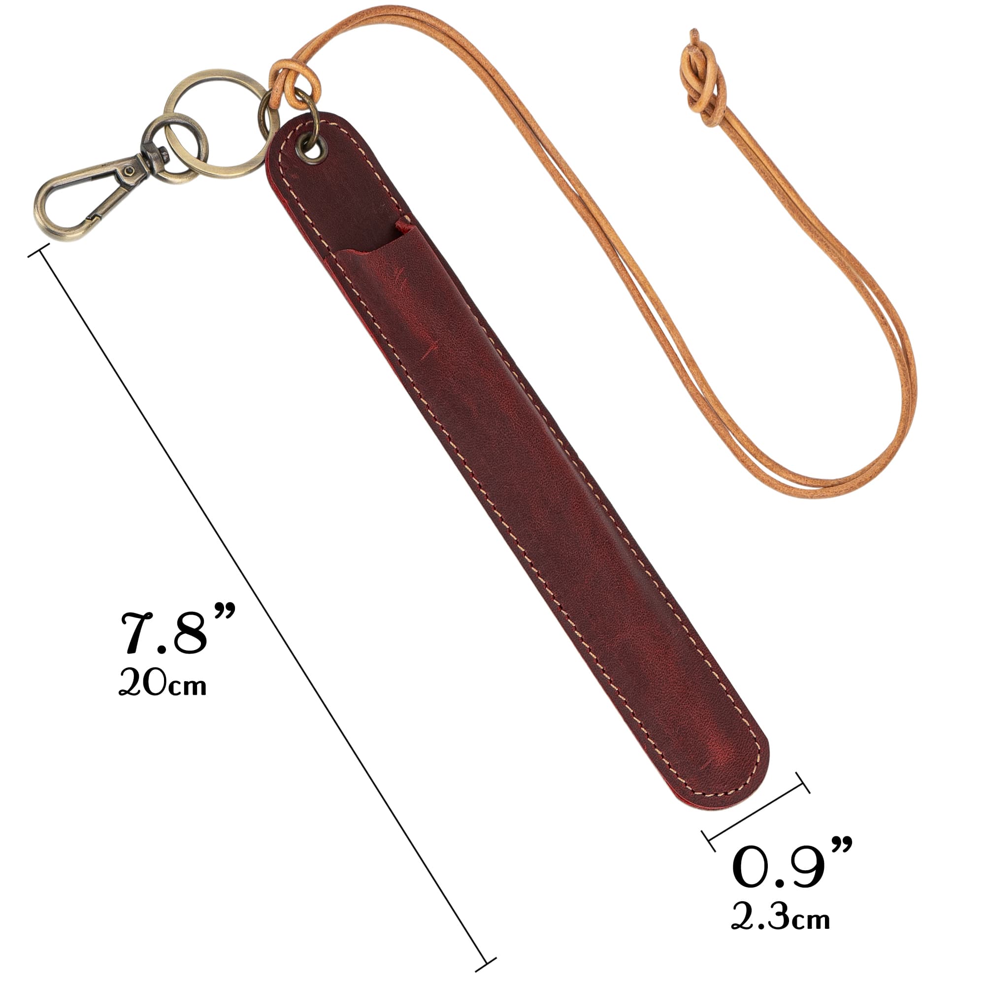 JANKINGS Genuine Leather Neck-Hanging Fountain Pen Pouch, Crazy Horse Wine Red Lanyard Pen Sleeve with Clip – Single Pen Holder, Red, 1-Pack - 1